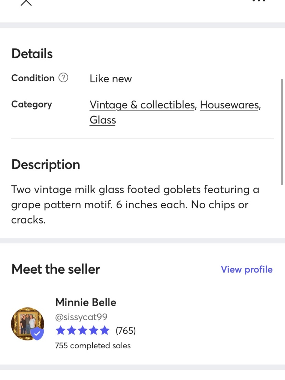 White Milk Glass Goblets - Decorative Grape Motif - Picture 3 of 3